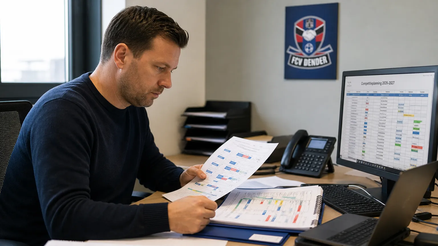 Een medewerker bekijkt een competitieplanning in een administratieve ruimte van FCV Dender.