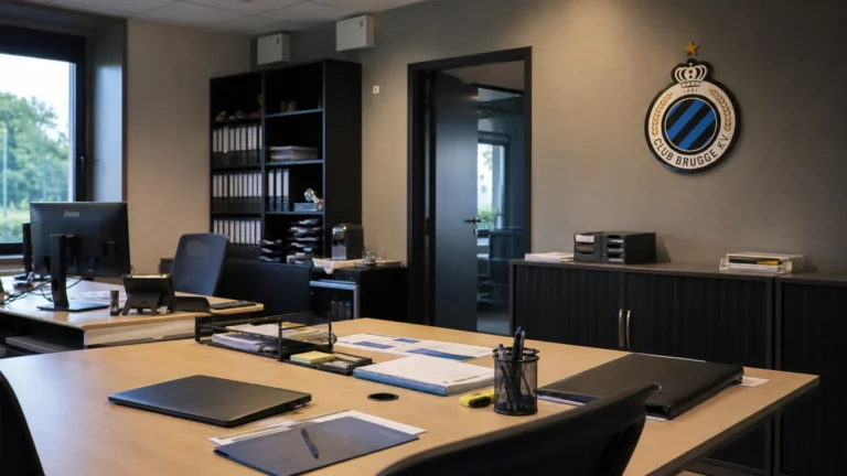 Administratieve werkruimte van Club Brugge met een discreet clubembleem aan de wand.