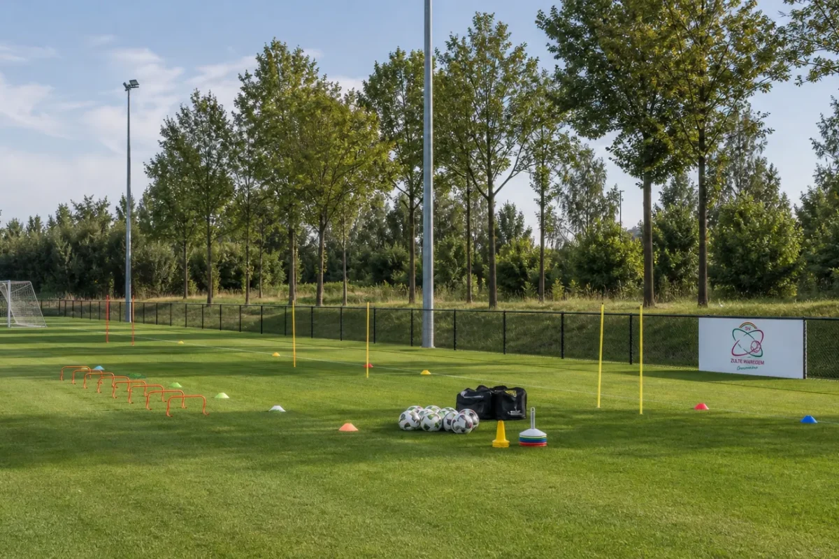 Een trainingsveld van Zulte Waregem dat wordt klaargezet voor een oefensessie.