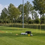Een trainingsveld van Zulte Waregem dat wordt klaargezet voor een oefensessie.