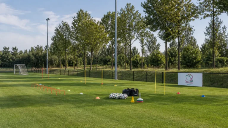 Een trainingsveld van Zulte Waregem dat wordt klaargezet voor een oefensessie.