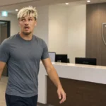 Joël Piroe in neutrale sportkleding in de ontvangsthal van een medische kliniek.