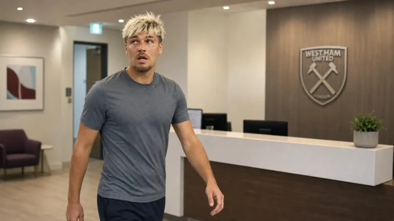 Joël Piroe in neutrale sportkleding in de ontvangsthal van een medische kliniek.
