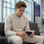 Fedde Leysen in neutrale reiskleding tijdens de voorbereiding op zijn reis.