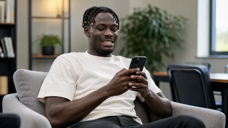 Promise David kijkt in een neutrale binnenruimte naar een smartphone.