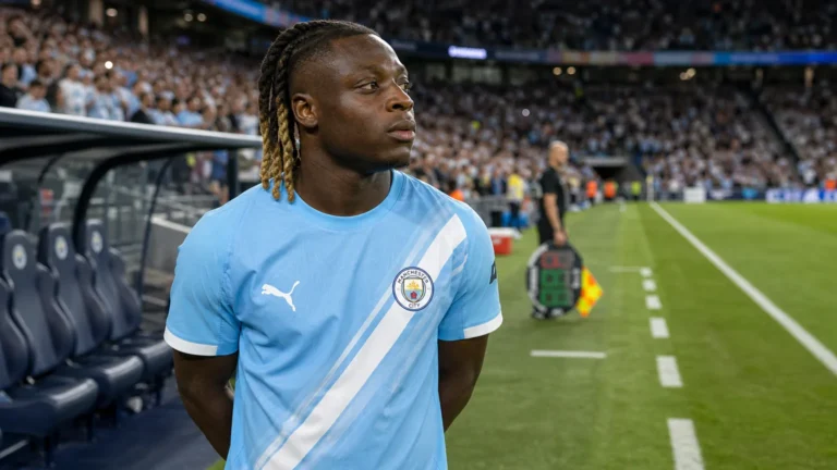 Jérémy Doku van Manchester City op de zijlijn na zijn wissel bij de rust.