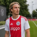 Mika Godts in Ajax-tenue tijdens een rustig moment naast het veld.