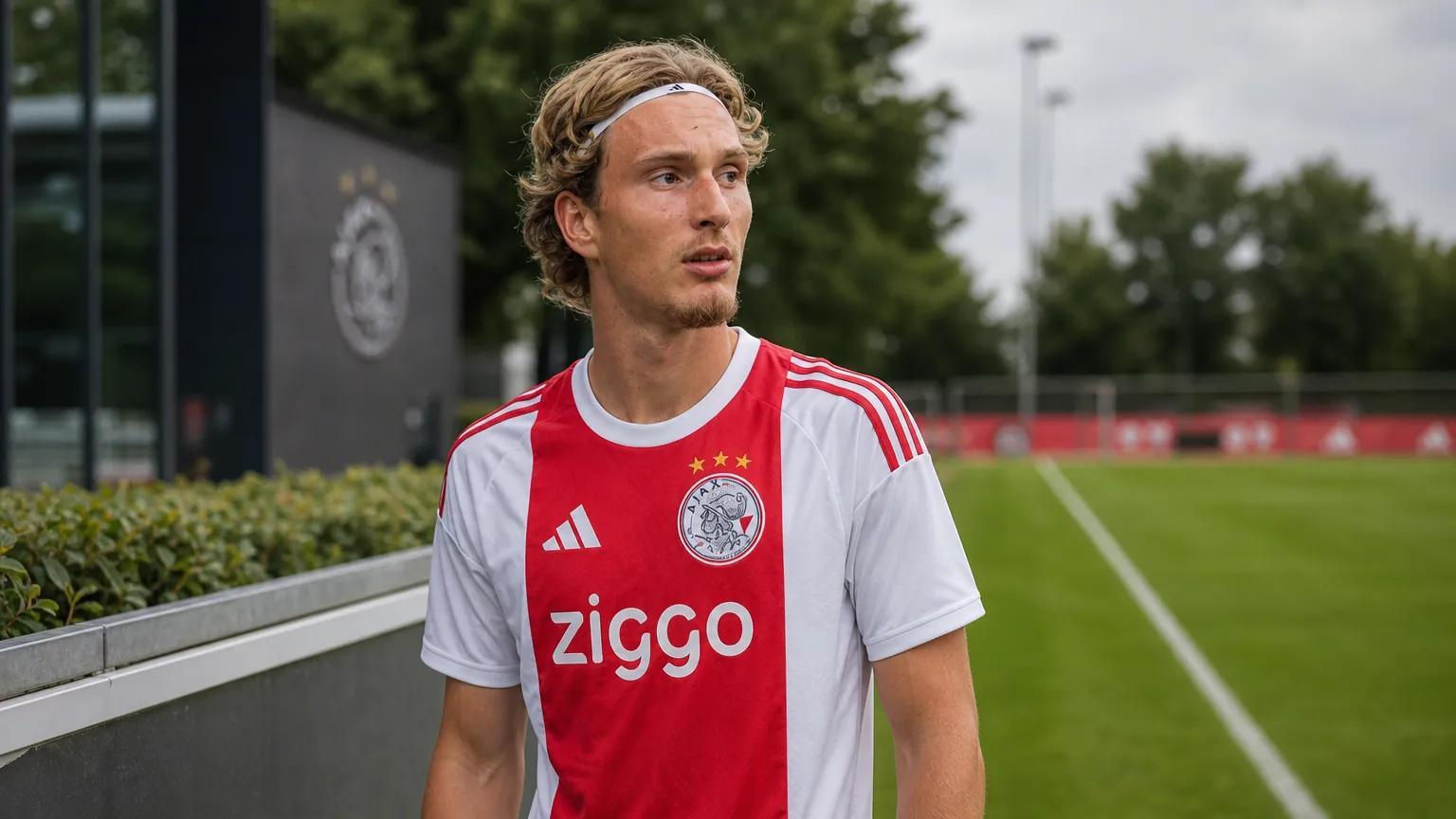 Mika Godts in Ajax-tenue tijdens een rustig moment naast het veld.