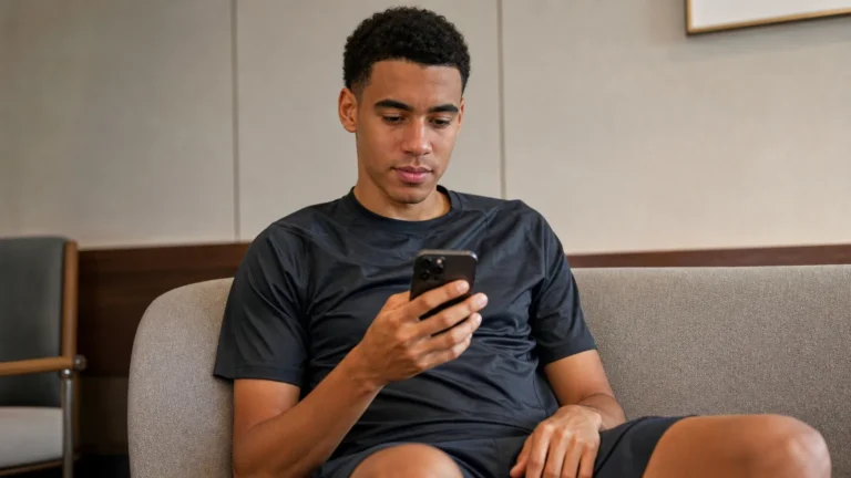 Jamal Musiala kijkt rustig naar zijn smartphone in een neutrale binnenruimte.
