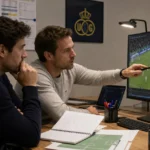 Medewerkers bekijken wedstrijdbeelden in een scoutingruimte van Union.