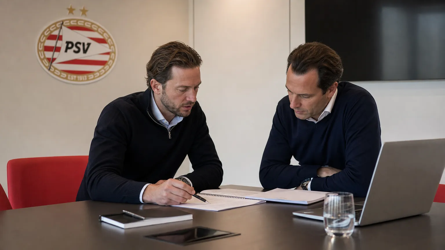 Twee clubmedewerkers bespreken documenten aan een tafel in een PSV-kantoor.