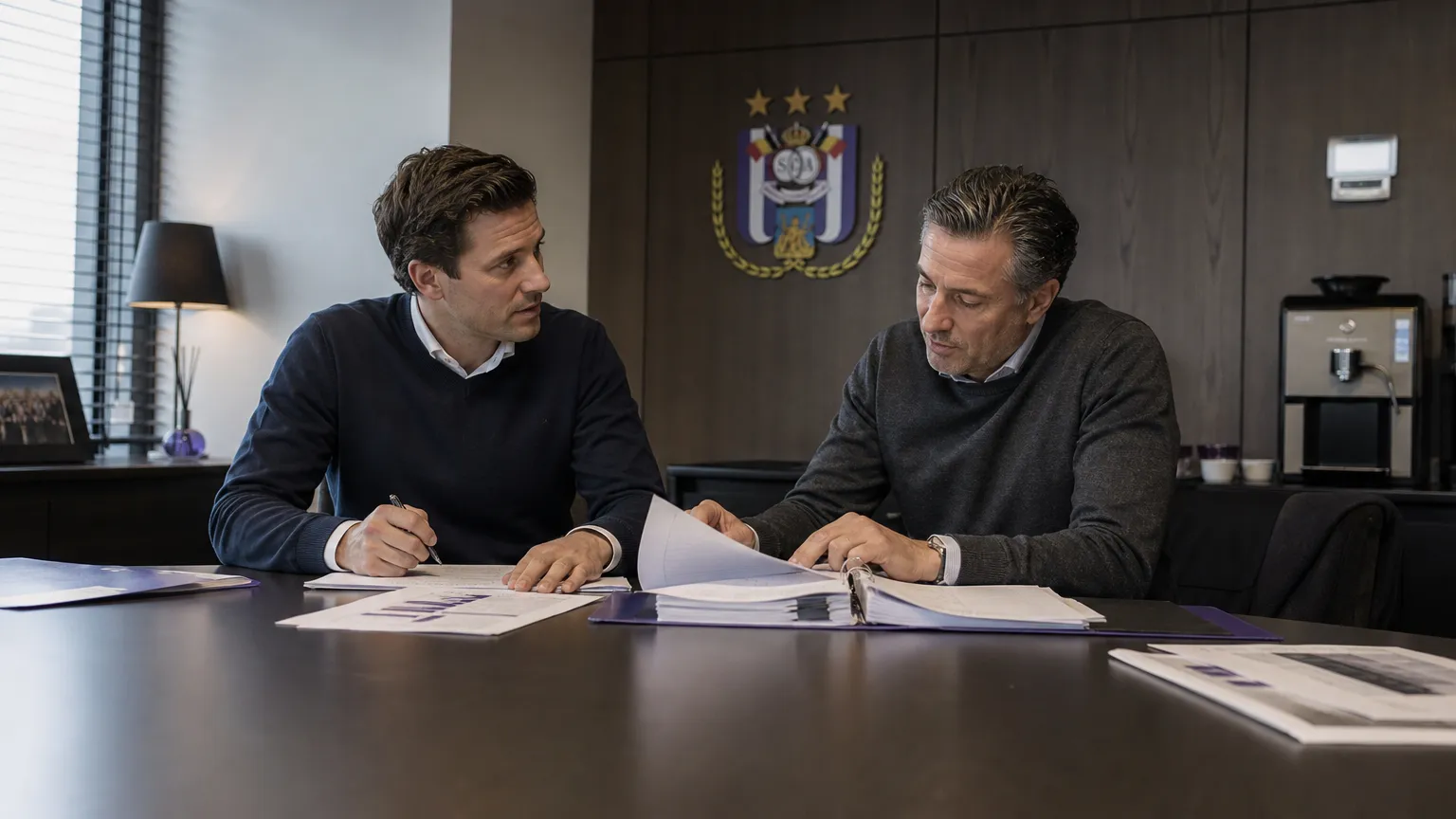 Medewerkers overleggen in een kantoorruimte van RSC Anderlecht tijdens transferplanning.