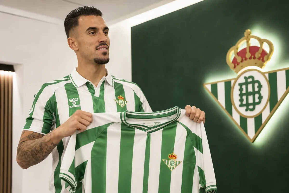 Dani Ceballos poseert bij zijn officiële presentatie met een Real Betis-shirt.