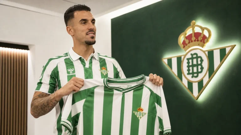 Dani Ceballos poseert bij zijn officiële presentatie met een Real Betis-shirt.