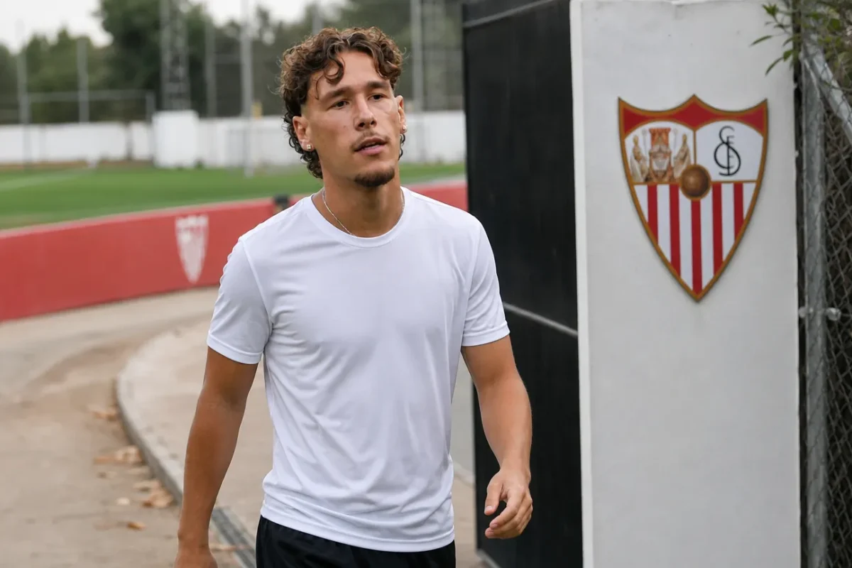 Lucas Stassin in neutrale trainingskleding naast een vast Sevilla-clubbord aan het oefenterrein.