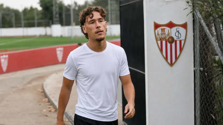Lucas Stassin in neutrale trainingskleding naast een vast Sevilla-clubbord aan het oefenterrein.