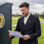 Sébastien Pocognoli bekijkt notities naast de technische zone, met een Schots embleem op het dug-outpaneel.