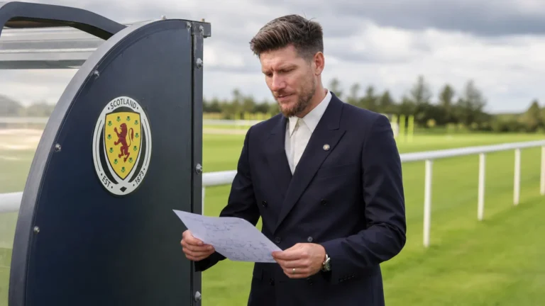 Sébastien Pocognoli bekijkt notities naast de technische zone, met een Schots embleem op het dug-outpaneel.
