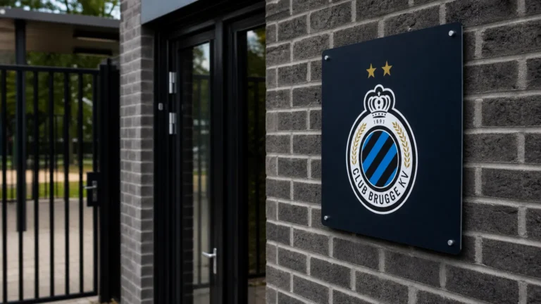 Lege ingang van een Club Brugge-clubgebouw met het clubembleem aan de gevel.