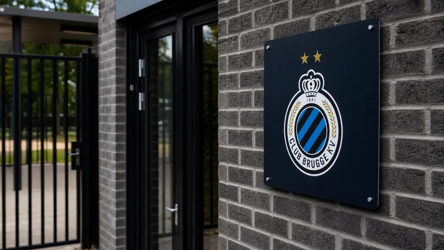 Lege ingang van een Club Brugge-clubgebouw met het clubembleem aan de gevel.