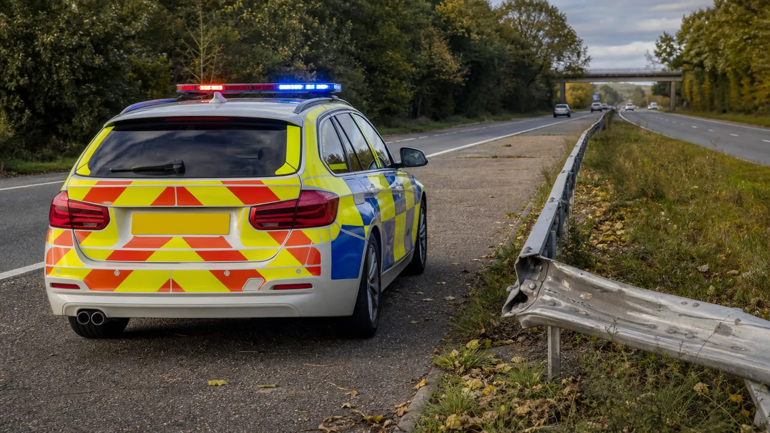 Een lege Engelse politiewagen naast een licht beschadigde vangrail langs de weg.