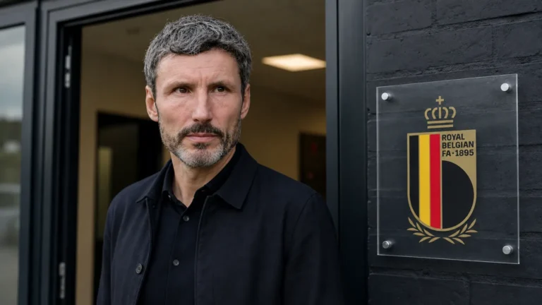 Mark van Bommel bij de ingang van het perslokaal in Tubeke, naast een wandplaat van de Rode Duivels.
