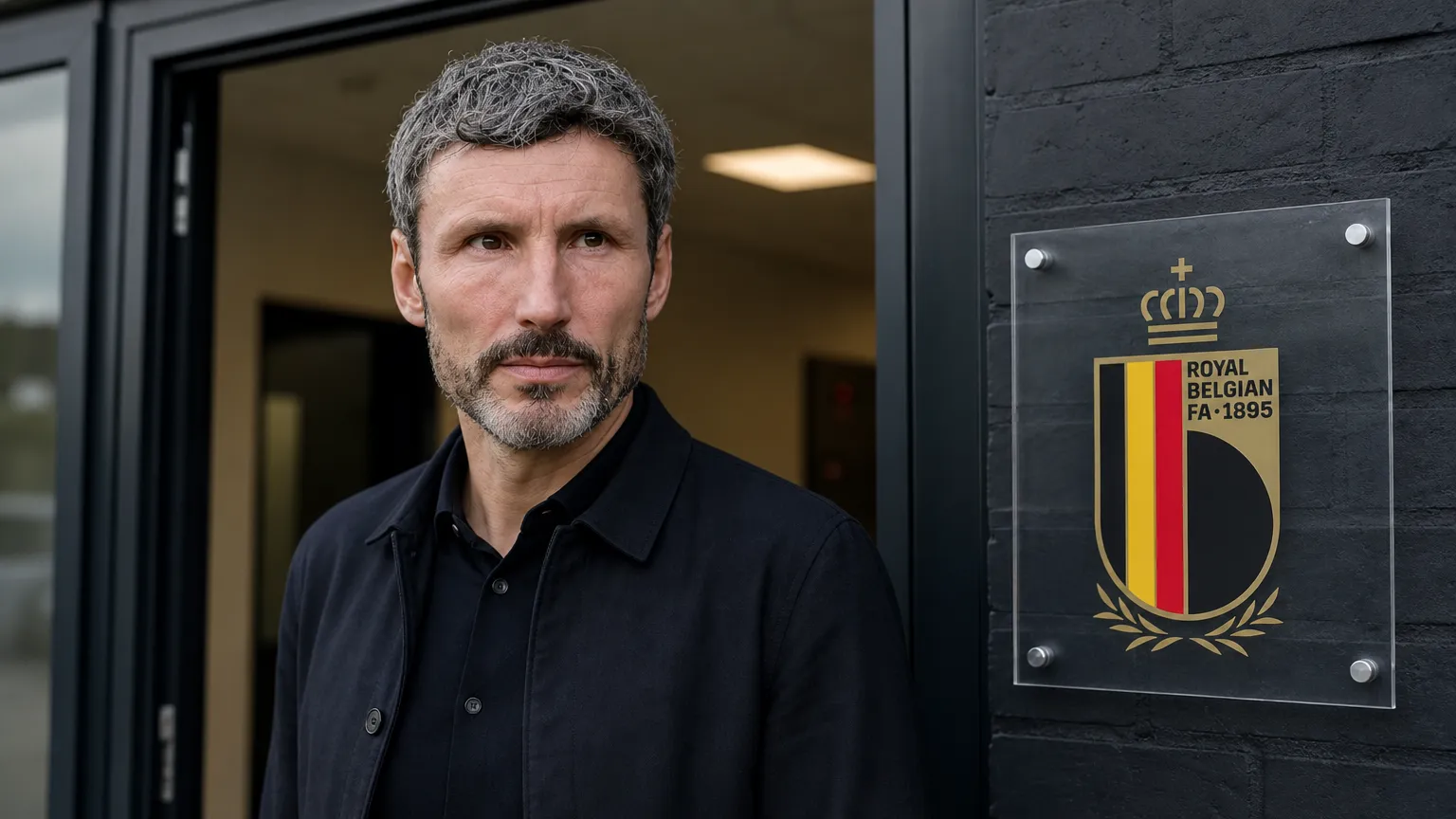 Mark van Bommel bij de ingang van het perslokaal in Tubeke, naast een wandplaat van de Rode Duivels.