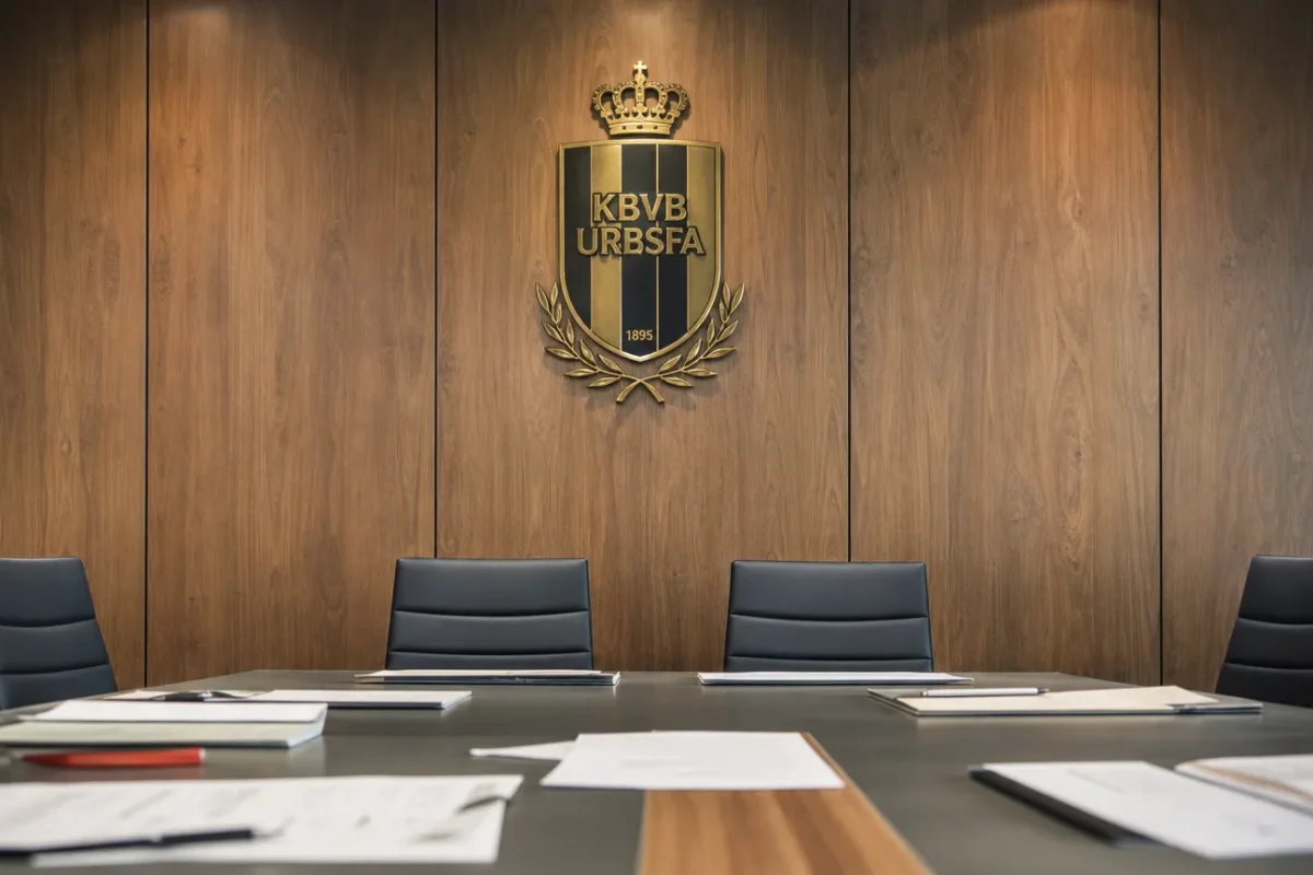 Een metalen KBVB-embleem op een houten wand in een lege vergaderruimte van de voetbalbond.
