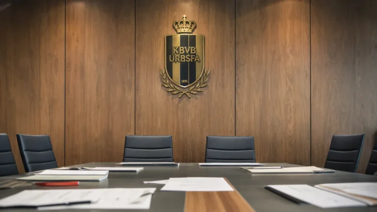 Een metalen KBVB-embleem op een houten wand in een lege vergaderruimte van de voetbalbond.