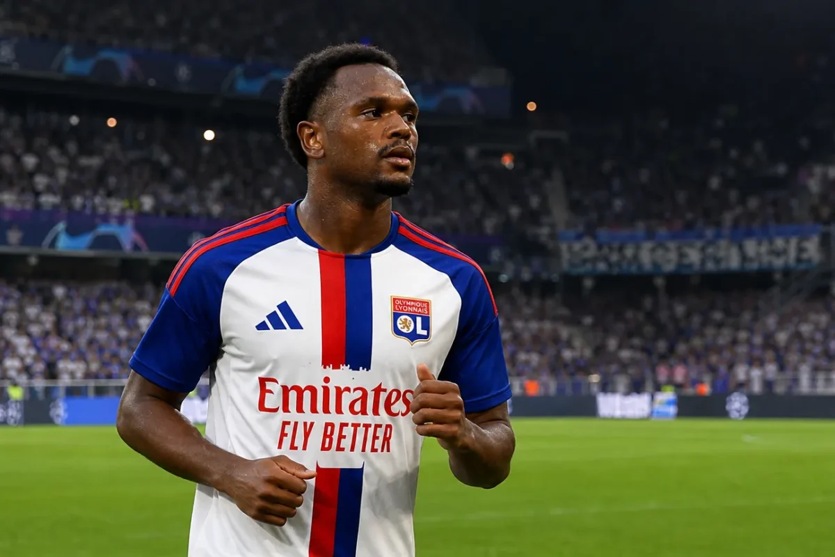 Een speler van Olympique Lyon in een wit wedstrijdtenue op het veld.