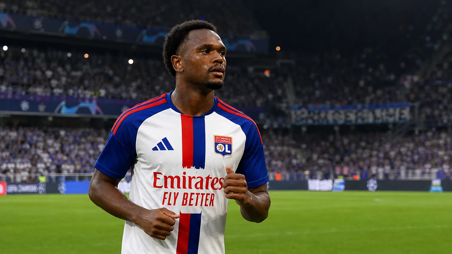Een speler van Olympique Lyon in een wit wedstrijdtenue op het veld.