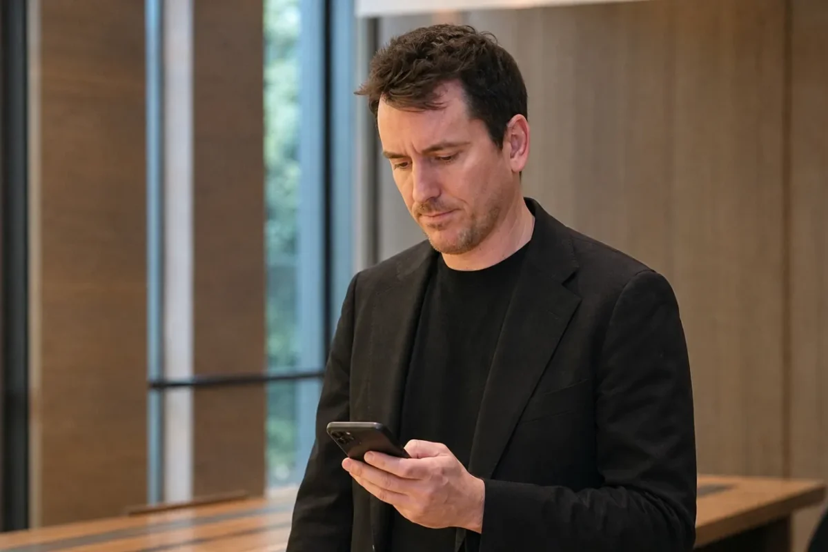 Een niet-spelende clubvertegenwoordiger in zwarte blazer bekijkt een smartphone in een rustige binnenruimte.