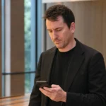Een niet-spelende clubvertegenwoordiger in zwarte blazer bekijkt een smartphone in een rustige binnenruimte.