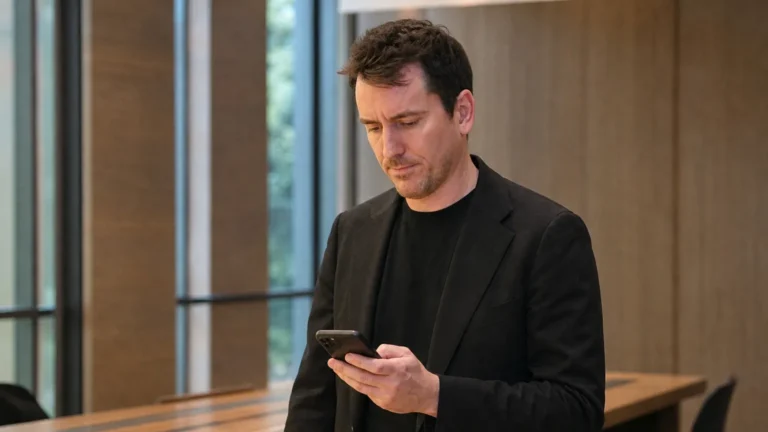 Een niet-spelende clubvertegenwoordiger in zwarte blazer bekijkt een smartphone in een rustige binnenruimte.