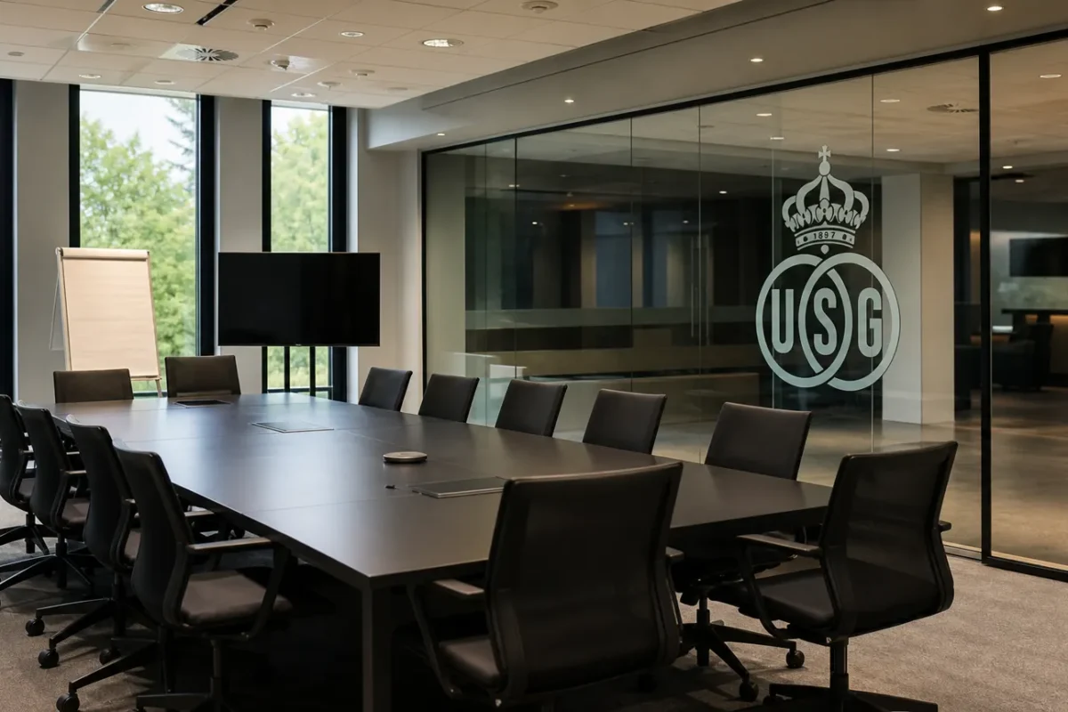 Lege operationele ruimte van Union SG met een clubembleem op een glazen wand.
