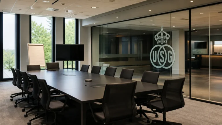 Lege operationele ruimte van Union SG met een clubembleem op een glazen wand.