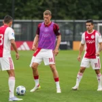 Een groep Ajax-spelers warmt op het trainingsveld op in rood-witte clubkleding.