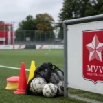 Leeg trainingsveld van MVV Maastricht met een vast clubbord naast de zijlijn.