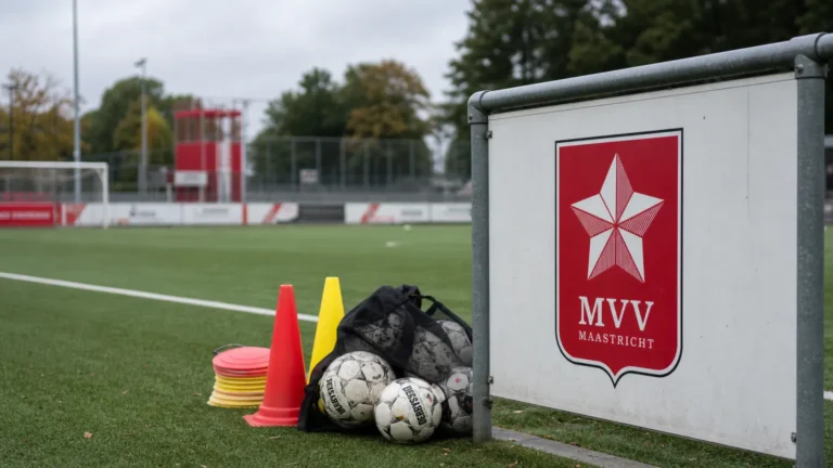 Leeg trainingsveld van MVV Maastricht met een vast clubbord naast de zijlijn.