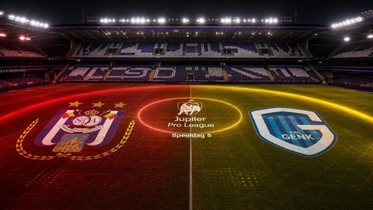 RSC Anderlecht en KRC Genk tegenover elkaar in een donkere wedstrijdscan van het Lotto Park