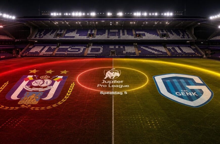 RSC Anderlecht en KRC Genk tegenover elkaar in een donkere wedstrijdscan van het Lotto Park