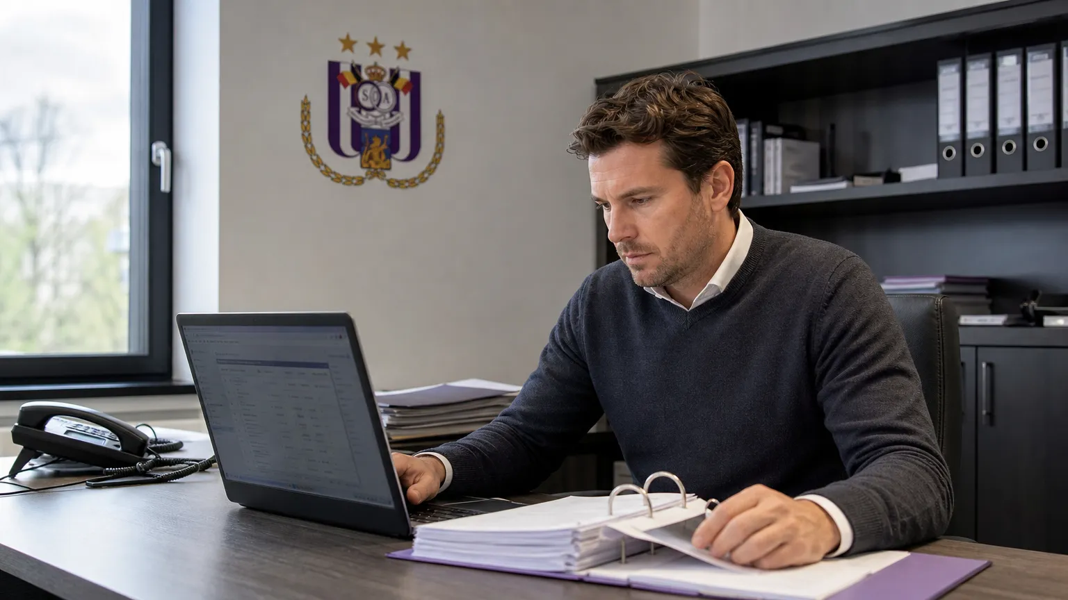 Een medewerker van Anderlecht bekijkt een transferdossier in een operationeel clubkantoor.