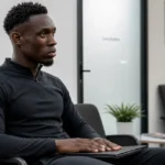 Folarin Balogun in neutrale sportkleding in een medische wachtruimte.