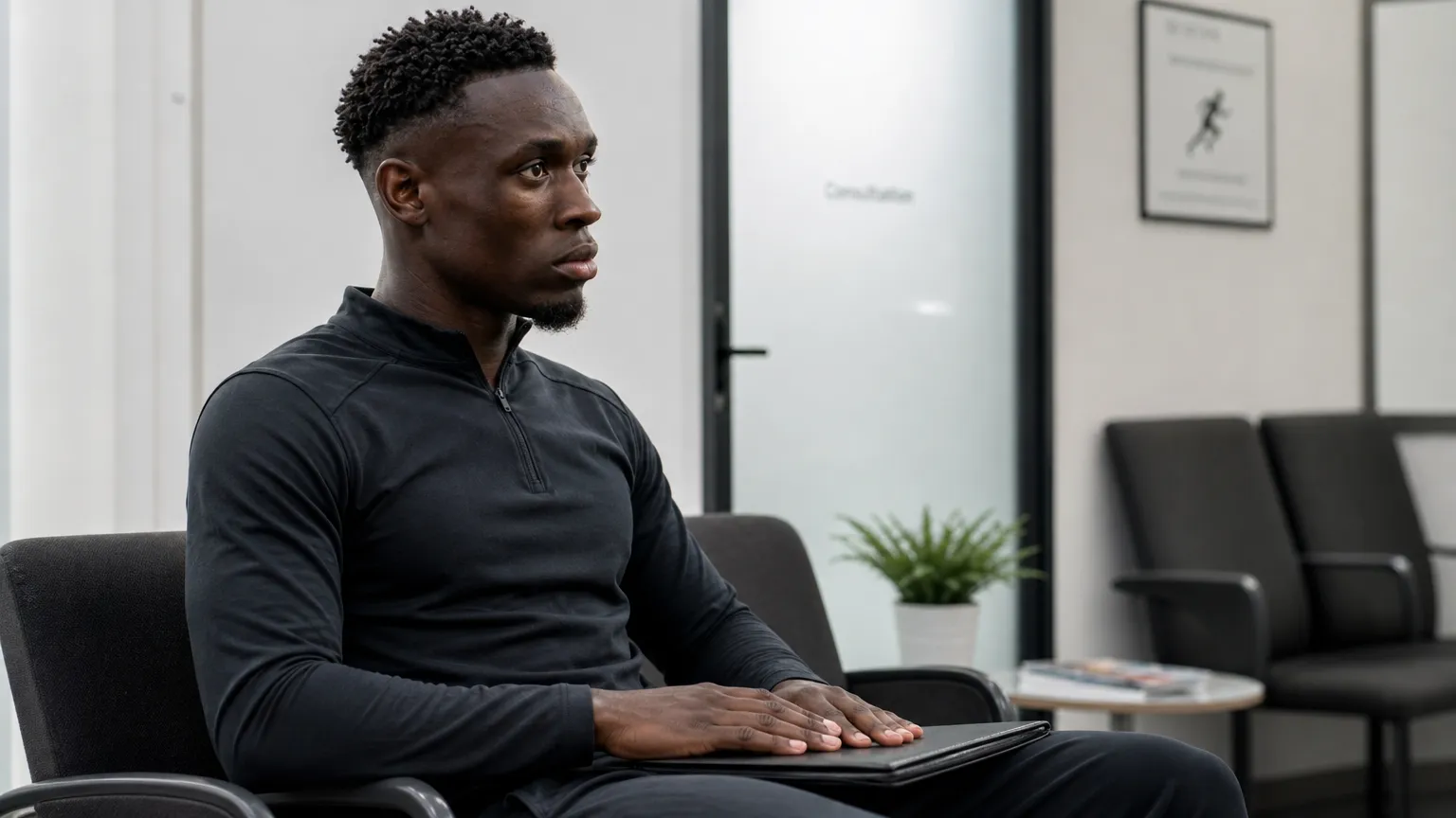 Folarin Balogun in neutrale sportkleding in een medische wachtruimte.