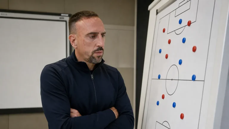 Franck Ribéry bekijkt een tactiekbord in een trainerslokaal.