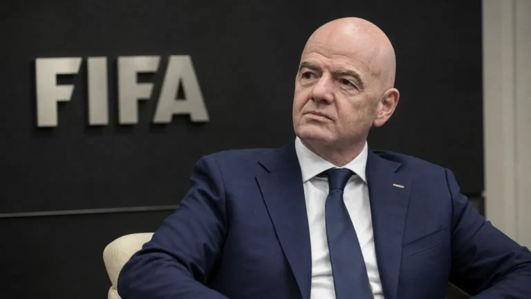 Een niet-spelende FIFA-official in donker pak in een institutionele conferentieomgeving.