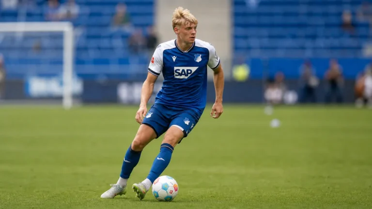 Nathan De Cat tijdens de warming-up in het tenue van Hoffenheim op het grasveld.