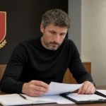 Mark van Bommel bekijkt selectienotities in een werkruimte met een België-embleem aan de wand.