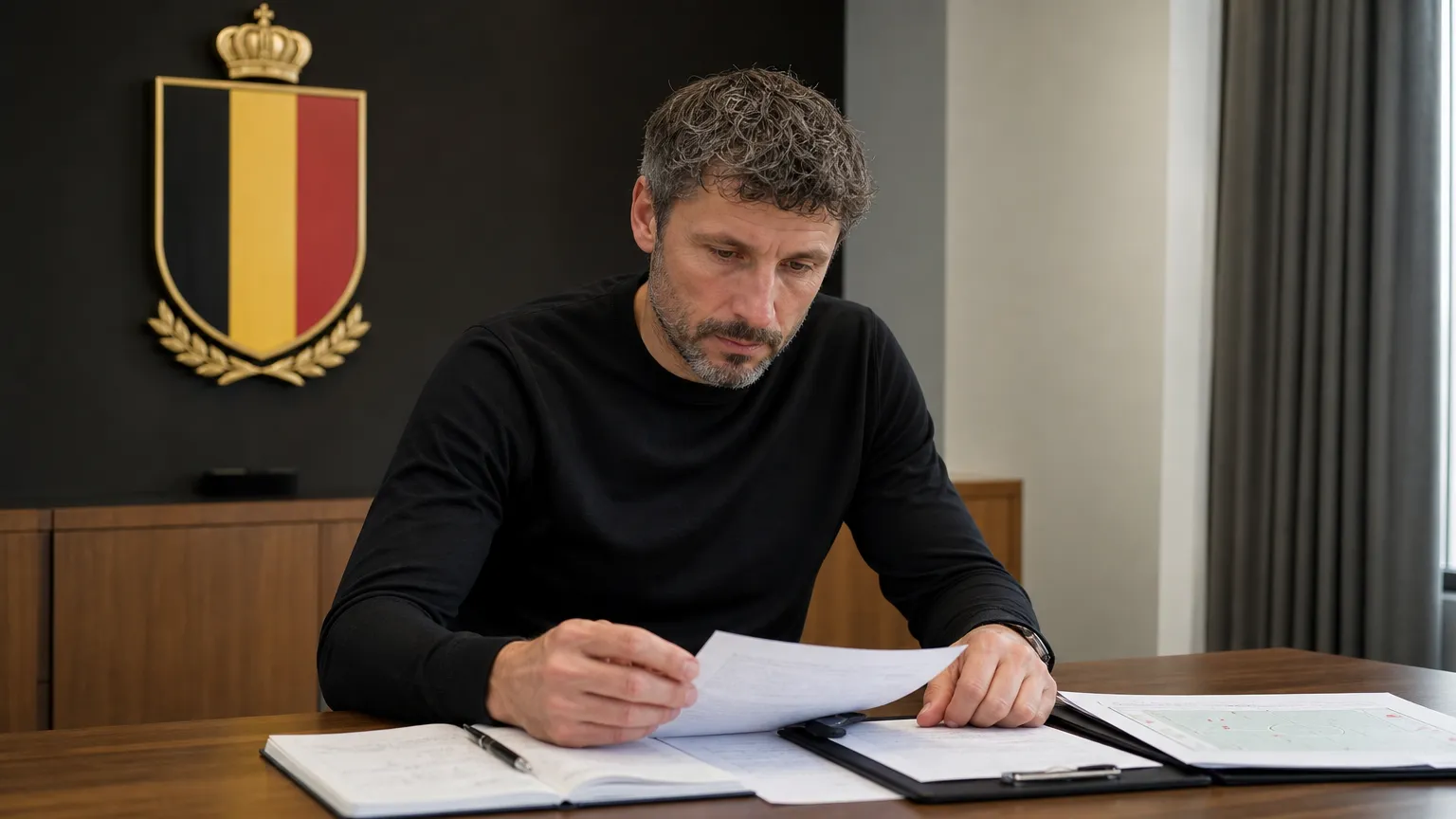 Mark van Bommel bekijkt selectienotities in een werkruimte met een Belgiƫ-embleem aan de wand.