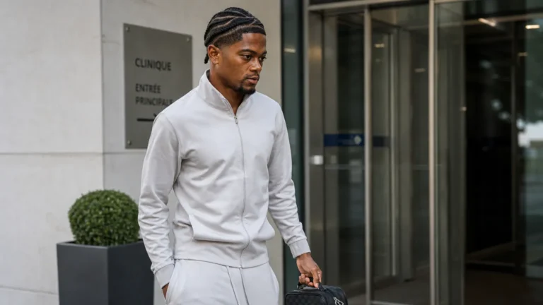 Leon Bailey in neutrale sportkleding bij de ingang van een medische kliniek.